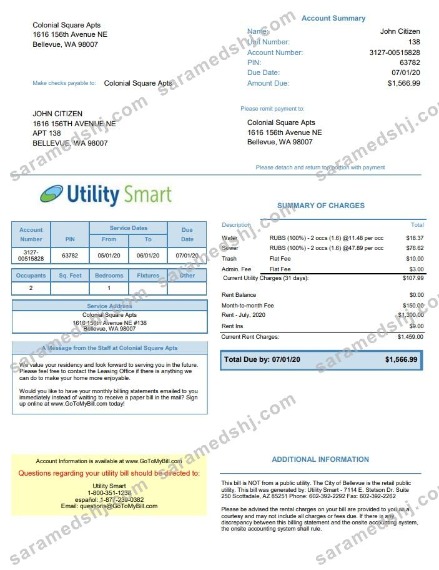 USA Arizona Utility Smart utility bill template in Word and PDF format (.doc and .pdf)